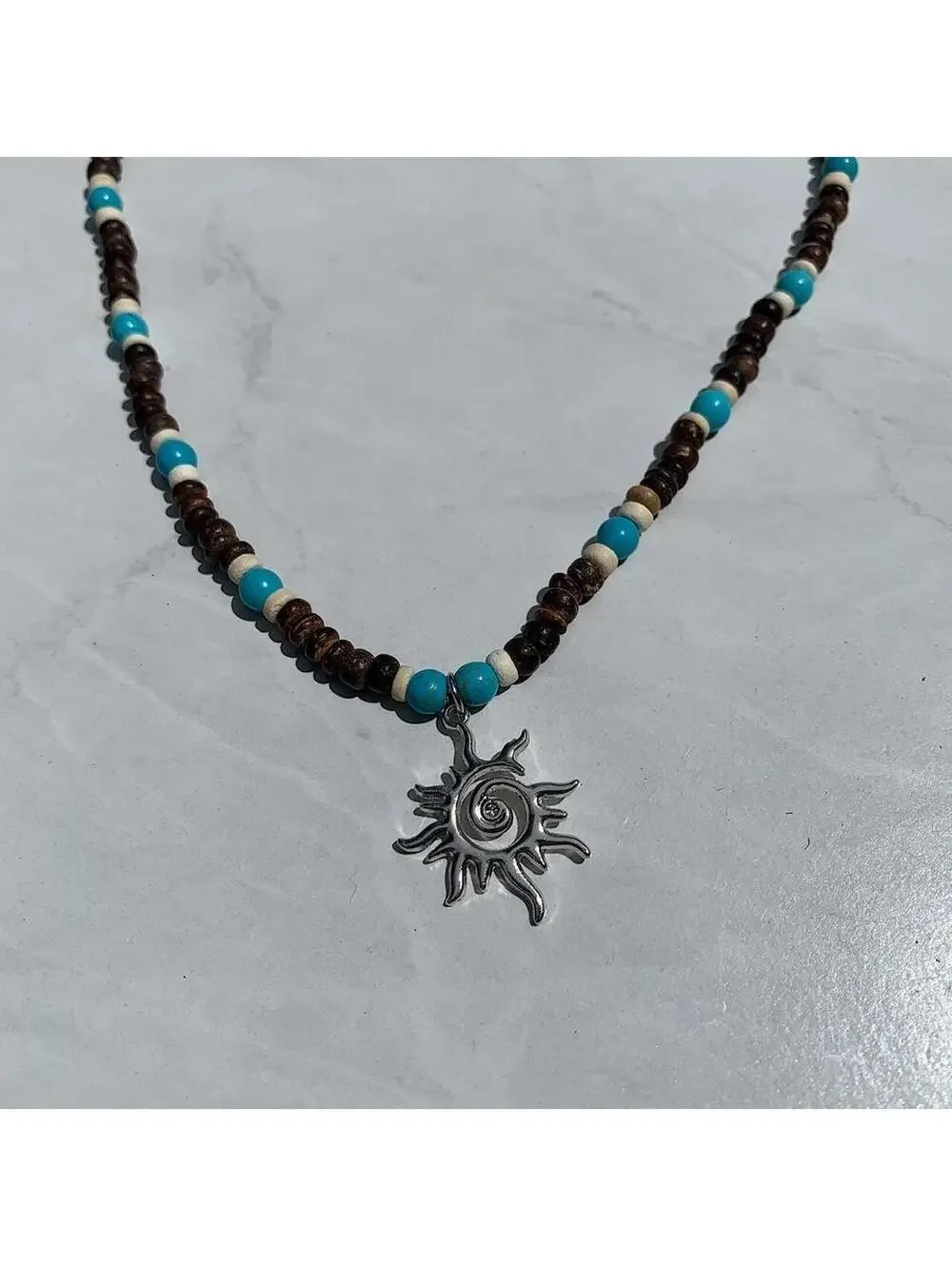 Y2k 2000s style Wood Beaded dark brown and blue mixed wood Necklace with Cyber